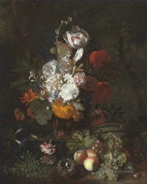 静物 Painting - 鳥の巣と卵のある花と果物のある静物画 ヤン・ファン・ホイスム